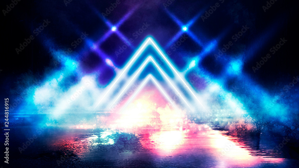 Light pyramid triangle. Neon triangle in the center, light, rays, smoke. Abstract background with rays and neon.