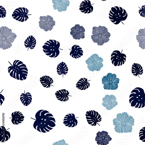 Dark BLUE vector seamless doodle layout with flowers, leaves.