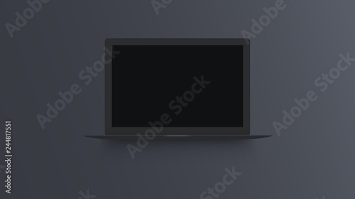 Black laptop mockup on dark background. Macbook with blank screen. Open notebook front view. Modern thin ultrabook vector illustration. Realistic isolated model with place for text or advertising.