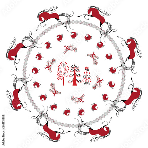 Decorative pattern in style of traditional folk art from the north of Russia, named Mezen painting, with stylized horses, deers, trees, and abstract decorative elements