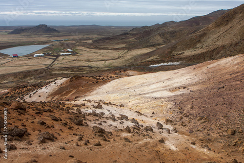 Vászonkép Desert landscape with a path rising up among the mountains, Krysuvík, Iceland