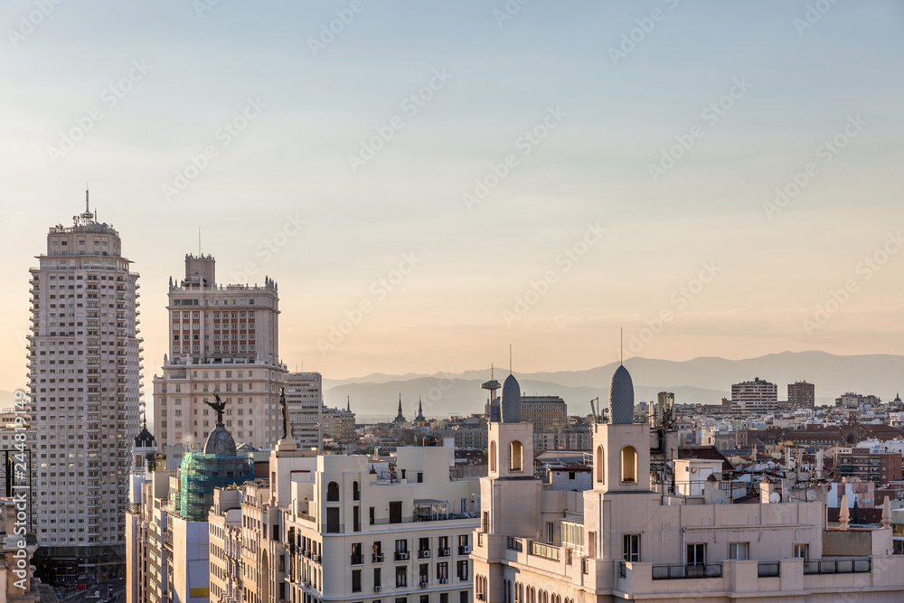View of a central and classical area of the city of Madrid in a beautiful sunset