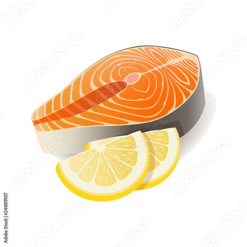 Red fish salmon steak with lemon cuts. Fresh meat icon