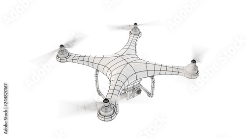 The image of a white quadcopter (air drone). Drone flying with action camera. Wire-frame style. 3D illustration. Isolated on white background.