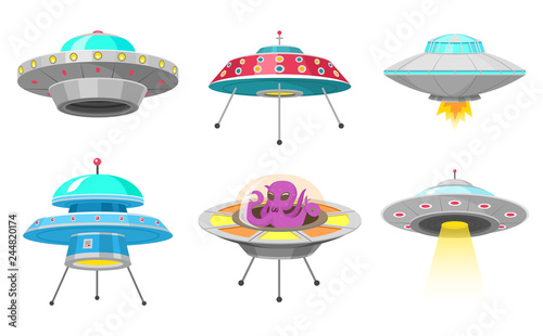 Alien spaceships, Set of UFO unidentified flying object, Fantastic rockets, Cosmic spacecrafts in universe space. Vector Illustration on white background. GUI elements, Cartoon style, Flat game.