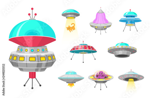 Alien spaceships, set of UFO unidentified flying object, Fantastic rockets, Cosmic spacecrafts in universe space. vector Illustration on white background. GUI elements. Flat game, Cartoon style.