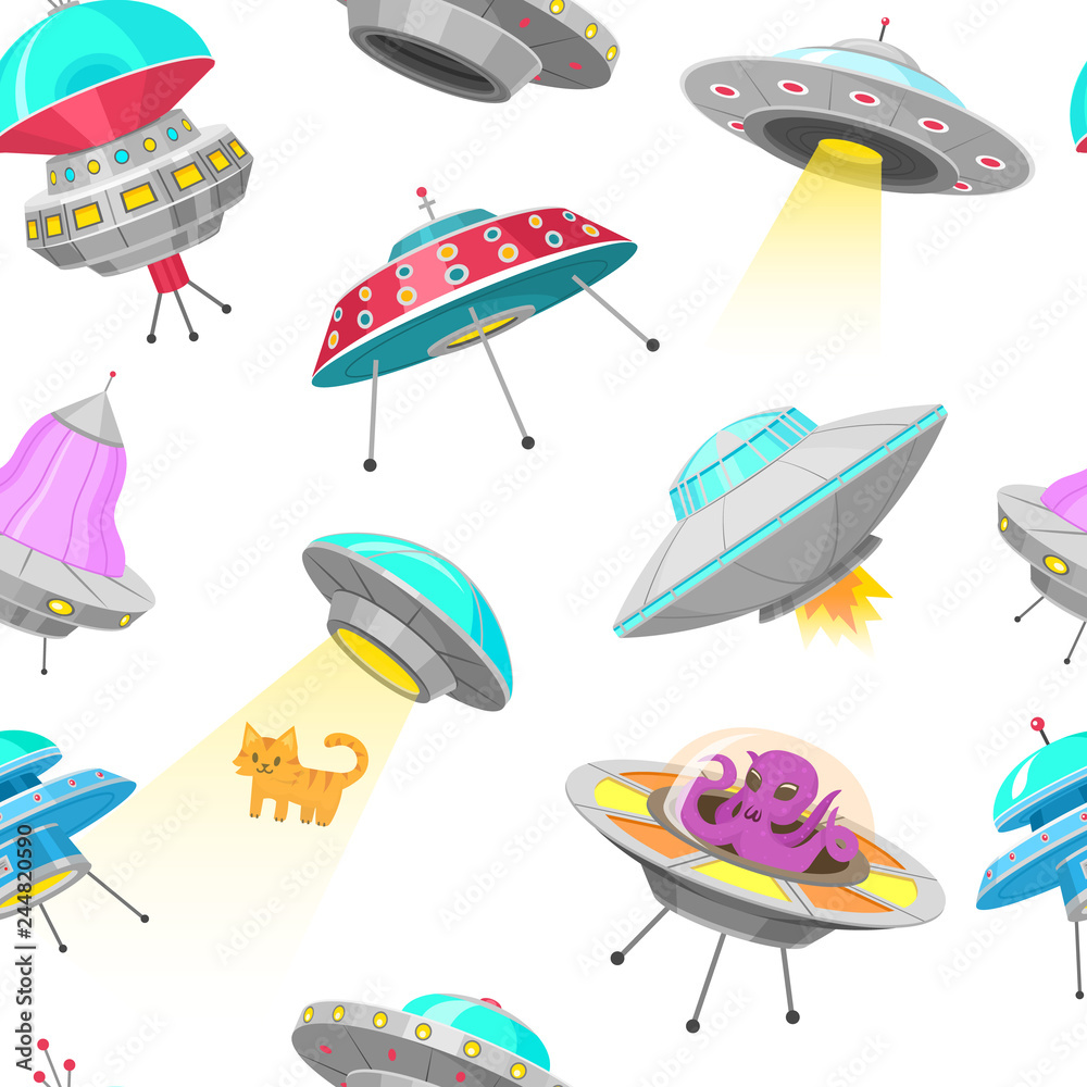 UFO Seamless pattern. Alien spaceships, unidentified flying object, Fantastic rockets, Cosmic spacecrafts in universe space. Vector Illustration on white background. GUI elements, Cartoon Flat game. UFO Seamless pattern. Alien spaceships, unidentified flying object, Fantastic rockets, Cosmic spacecrafts in universe space. Vector Illustration on white background. GUI elements, Cartoon Flat game.