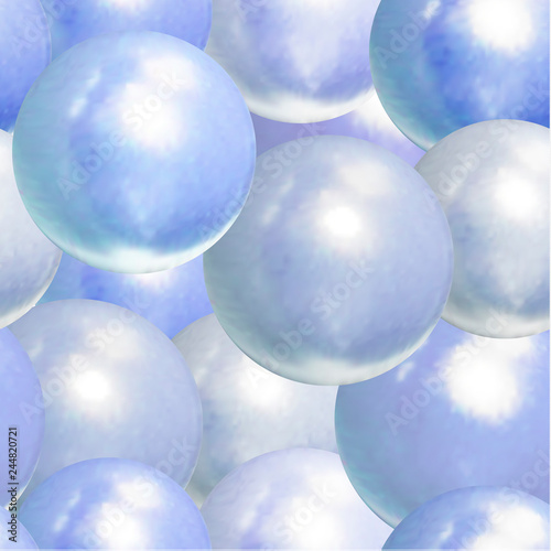 Vector Seamless Pattern, Light Blue Background with Realistic Pearly Balls, Bubbles.