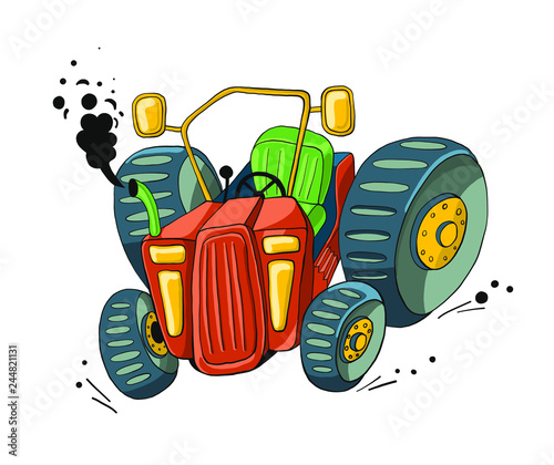 A cute funny red cartoon tractor with green seat and big clumsy wheels with black smoke - hand drawn vector illustration