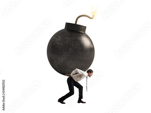 Businessman hold a bomb. Concept of difficult career and failure. Isolated on white background