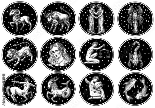 Zodiac icons. Astrology horoscope with signs. Calendar template. Collection outline animals. Vintage style. Libra Scorpio Sagittarius Capricorn Aquarius Pisces. Aries Taurus Gemini Cancer Leo Virgo.