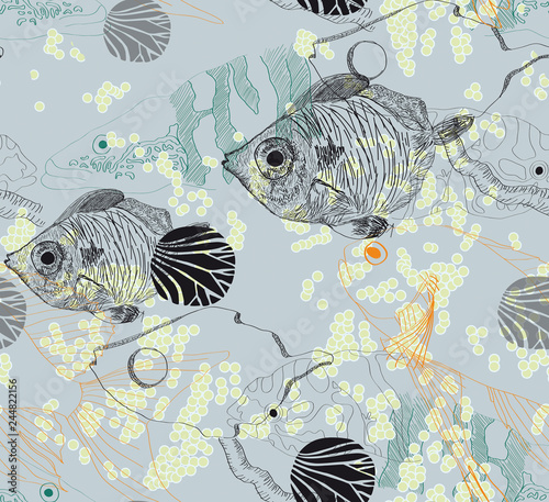 SEAMLESS PATTERN OF FISH UNDERWATER, PENCIL DRAWN AND AFTER DIGITALLY DRAWN