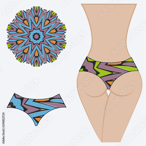Female buttocks with panties. Decorative vector illustration. Mandala fashion print.