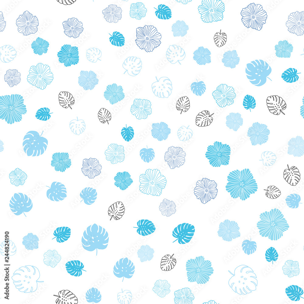 Light BLUE vector seamless natural artwork with leaves, flowers.