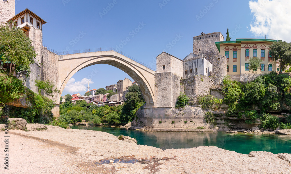 Cityscape view on Mostar most famous bridge