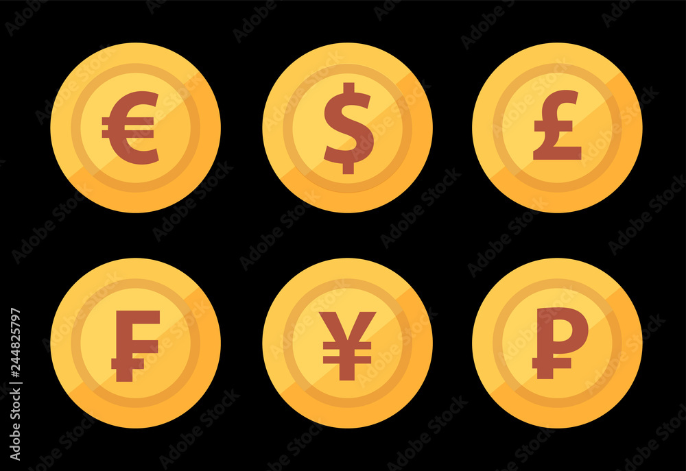 Set of golden world Great currency symbols isolated on dark black color - Flat vector illustration exchange design. Set of golden world Great currency symbols isolated on dark black color - Flat vector illustration exchange design.