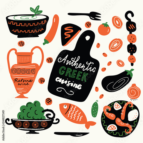 Authentic greek cuisine. Funny hand drawn illustration with food elements.