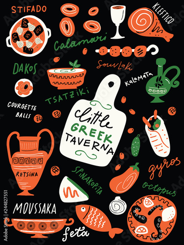 Traditional greek food. Little greek taverna. Funny doodle illustration of greek food and kitchen ware with hand written names of dishes.