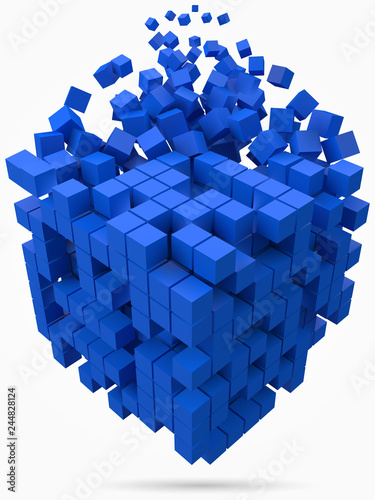 big cubic data block. made with smaller blue cubes. 3d pixel style vector illustration.