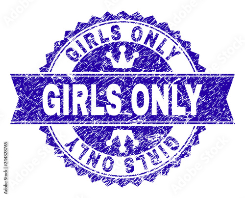 GIRLS ONLY rosette seal watermark with grunge style. Designed with round rosette, ribbon and small crowns. Blue vector rubber watermark of GIRLS ONLY caption with dust style.