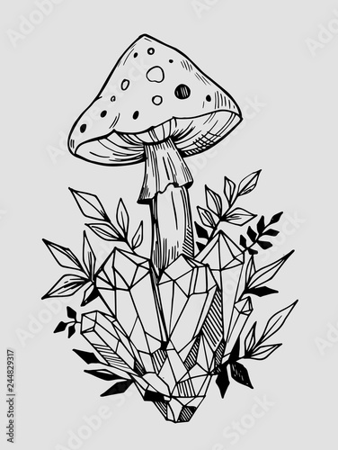 Toadstools with crystals. Hand drawn illustration converted to vector. Tattoo sketch.