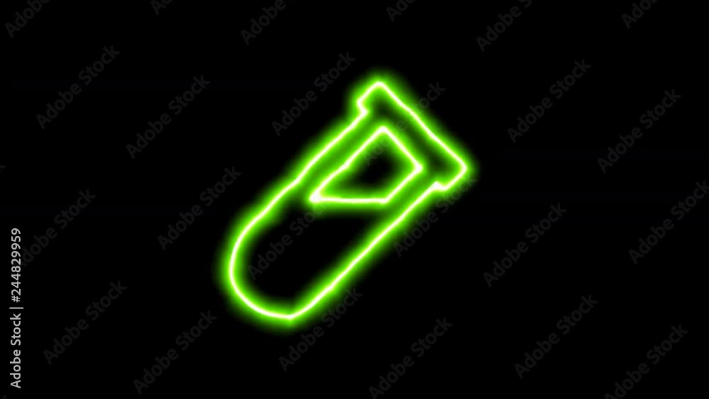 The appearance of the green neon symbol vial. Flicker, In - Out. Alpha channel Premultiplied - Matted with color black The appearance of the green neon symbol vial. Flicker, In - Out. Alpha channel Premultiplied - Matted with color black