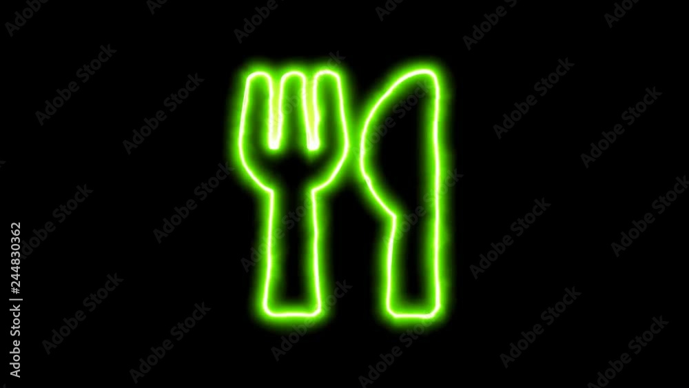The appearance of the green neon symbol utensils. Flicker, In - Out. Alpha channel Premultiplied - Matted with color black The appearance of the green neon symbol utensils. Flicker, In - Out. Alpha channel Premultiplied - Matted with color black
