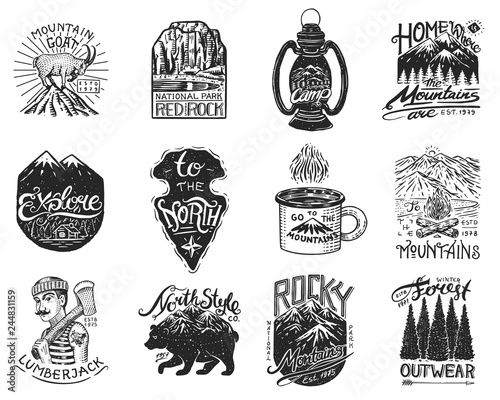 Camping logo and labels. Mountains and lumberjack, brown bear, mountain goat, pine trees. Trip in the forest, outdoor, adventure is waiting. Set of badges on the chalkboard. Hand drawn vintage pins.