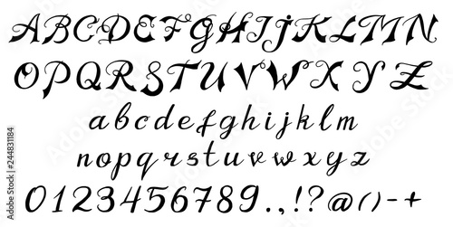 Vintage font. Handwritten alphabet. Sign painter. Symbols types for labels, wedding cards and holidays templates. Retro whiskey typeface. Outlined version.