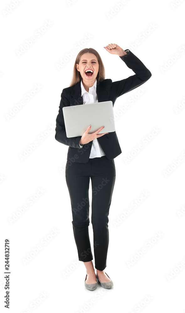 Emotional businesswoman in office wear with laptop celebrating victory on white background Emotional businesswoman in office wear with laptop celebrating victory on white background