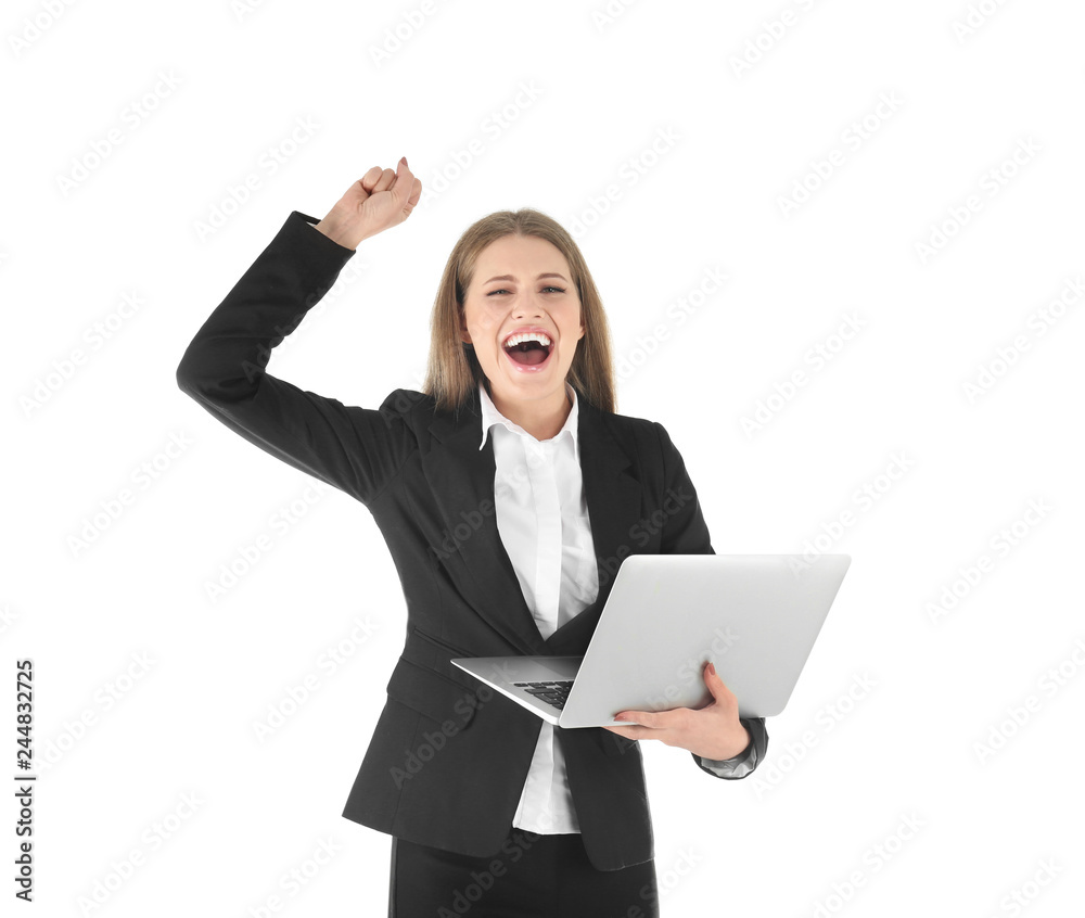 Emotional businesswoman in office wear with laptop celebrating victory on white background Emotional businesswoman in office wear with laptop celebrating victory on white background