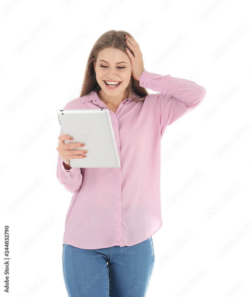 Emotional young woman with tablet celebrating victory on white background Emotional young woman with tablet celebrating victory on white background