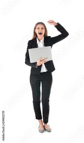 Emotional businesswoman in office wear with laptop celebrating victory on white background