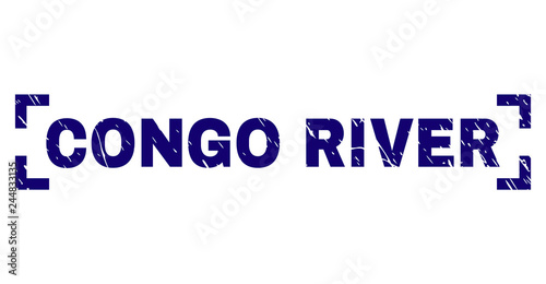 CONGO RIVER title seal print with distress texture. Text caption is placed inside corners. Blue vector rubber print of CONGO RIVER with unclean texture.