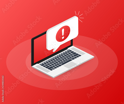 Alert message laptop notification. Danger error alerts, laptop virus problem or insecure messaging spam problems notifications. Vector illustration.