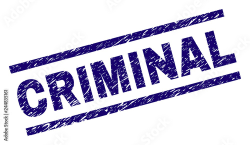 CRIMINAL seal print with scratced style. Blue vector rubber print of CRIMINAL title with retro texture. Text title is placed between parallel lines.