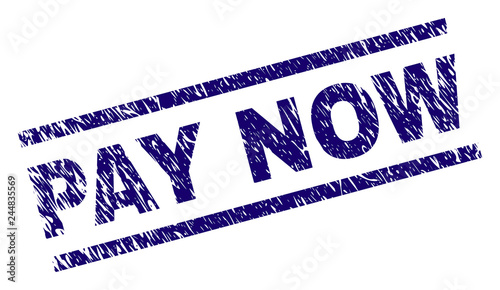 PAY NOW seal print with distress style. Blue vector rubber print of PAY NOW caption with scratched texture. Text tag is placed between parallel lines.