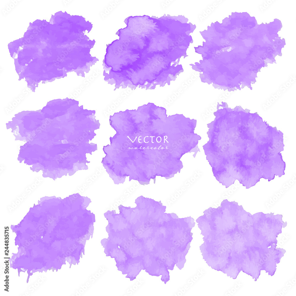 Set of purple watercolor on white background, Brush stroke watercolor, Vector illustration. Set of purple watercolor on white background, Brush stroke watercolor, Vector illustration.