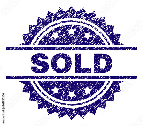 SOLD stamp seal watermark with distress style. Blue vector rubber print of SOLD tag with unclean texture.