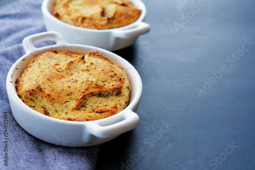 Lemon poppy seed bread in small baking dish with copy space.