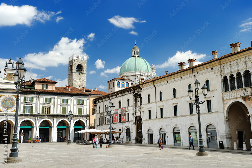 BRESCIA, ITALY - MAY 15, 2017: The panorama of Piazza della Loggia square at sunny day
