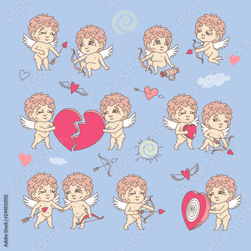 Collection of cartoon angels compositions for St Valentine's Day. Could be used for design, polygraphy, greeting cards, internet resources, lgbt themes. Vector illustration.