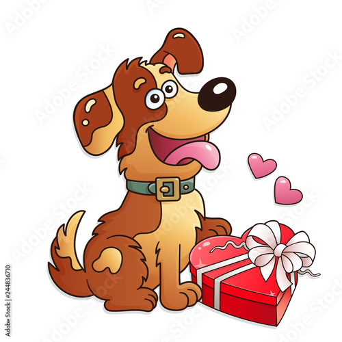 Funny dog with gift isolated on white background. Greeting card. Birthday. Valentine's day. For kids.