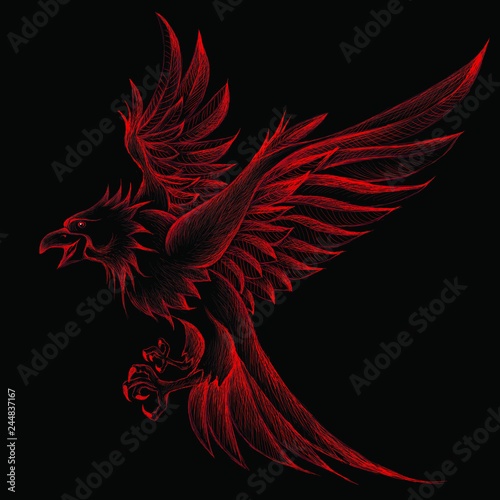 The Vector logo eagle bird fenix for T-shirt design or outwear.  Hunting style eagle background.