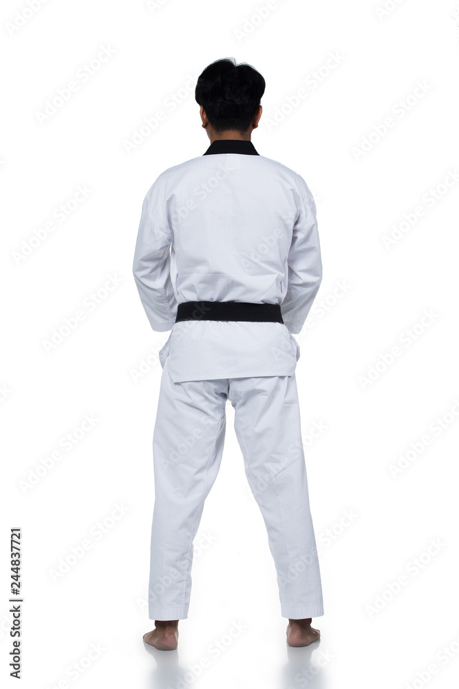 Master Black Belt TaeKwonDo handsome man instructor Teacher fighter show hit pose, studio lighting white background isolated. White formal fighting suit, motion blur hand foots on taekwondo post. Master Black Belt TaeKwonDo handsome man instructor Teacher fighter show hit pose, studio lighting white background isolated. White formal fighting suit, motion blur hand foots on taekwondo post.