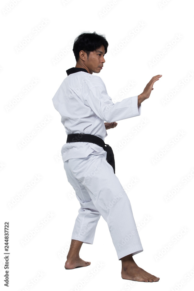 Master Black Belt TaeKwonDo handsome man instructor Teacher fighter show hit pose, studio lighting white background isolated. White formal fighting suit, motion blur hand foots on taekwondo post. Master Black Belt TaeKwonDo handsome man instructor Teacher fighter show hit pose, studio lighting white background isolated. White formal fighting suit, motion blur hand foots on taekwondo post.