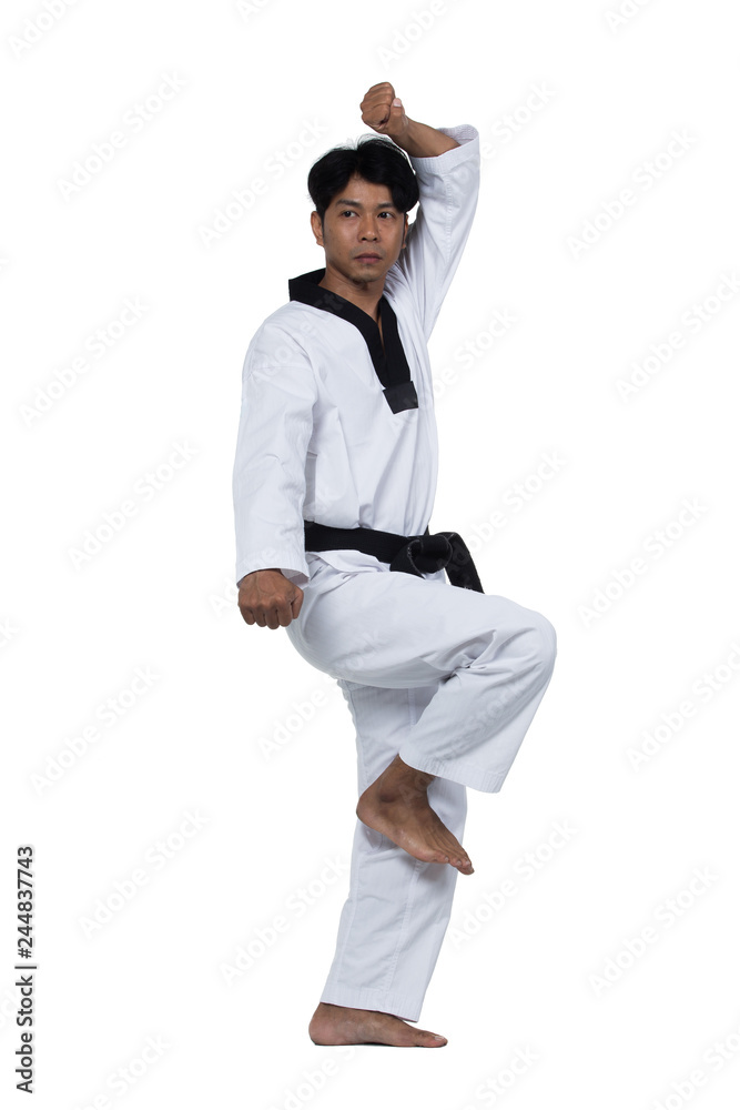 Master Black Belt TaeKwonDo handsome man instructor Teacher fighter show hit pose, studio lighting white background isolated. White formal fighting suit, motion blur hand foots on taekwondo post. Master Black Belt TaeKwonDo handsome man instructor Teacher fighter show hit pose, studio lighting white background isolated. White formal fighting suit, motion blur hand foots on taekwondo post.