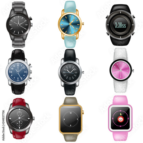 Watch vector business wristwatch or fashion wrist clock with clockwork and clockface clocked in time illustration set of modern clocking alarm timer isolated on white background