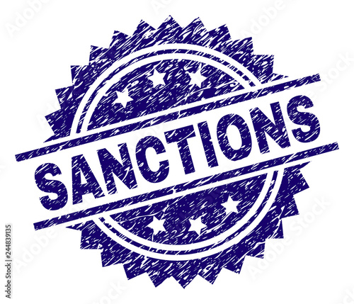 SANCTIONS stamp seal watermark with distress style. Blue vector rubber print of SANCTIONS tag with retro texture.