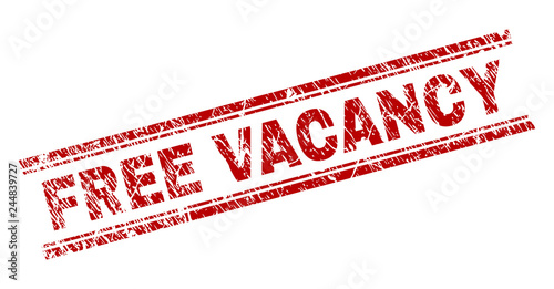 FREE VACANCY seal print with distress effect. Red vector rubber print of FREE VACANCY text with corroded texture. Text tag is placed between double parallel lines.